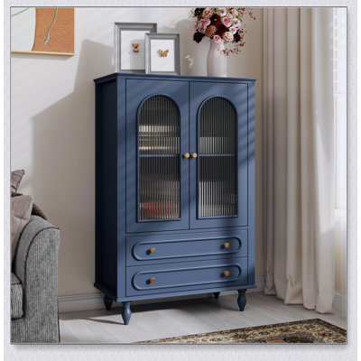 46.5 Inch Glass Display Cabinet with Ribbed Doors, Wooden Curio Cabinet with 2 Drawers and Adjustable Shelf for Living and Dining Rooms