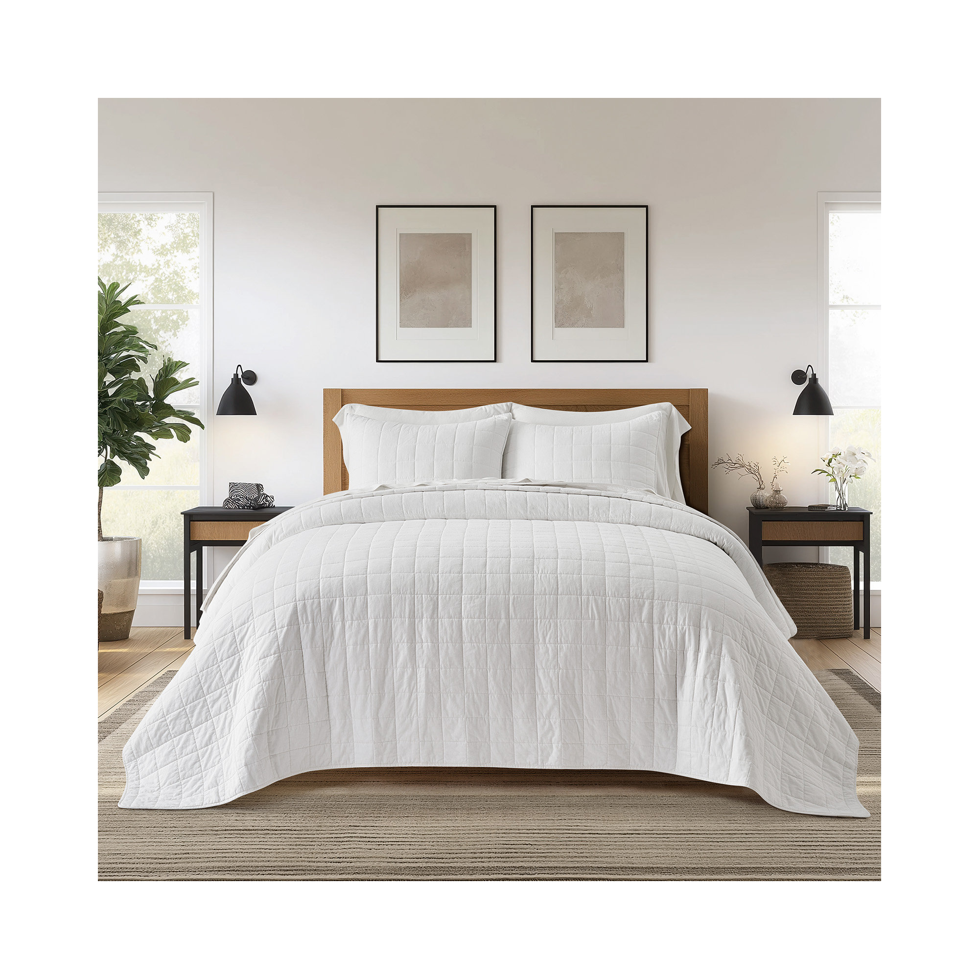 100% Cotton Box Stitch Quilt Set, Bright White, Queen Quilt + 2 Queen Shams