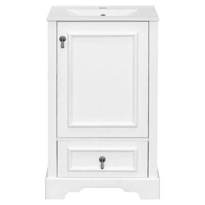 20" bathroom vanity with a ceramic sink, adjustable shelves, compartment drawers, and a cabinet with doors