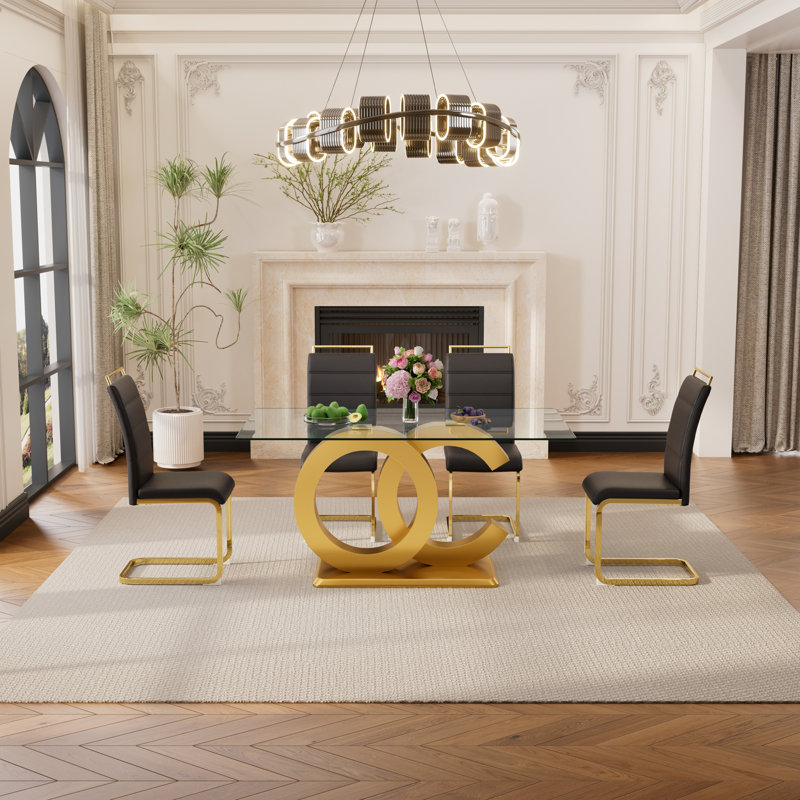 Chaylee 6 - Person Pedestal Dining Set, Black/Gold