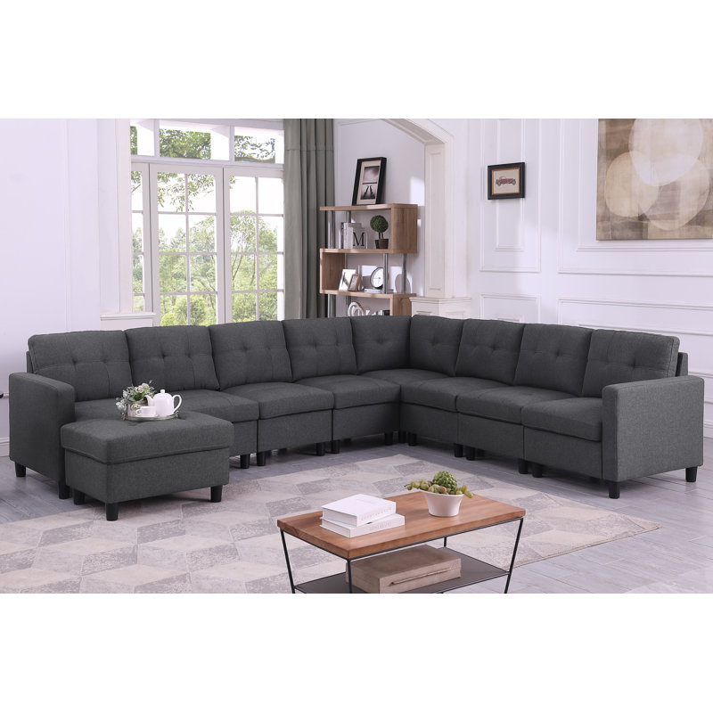 Milou 9 Pieces Modular Sofa Set, Dark Gray Linen Blend