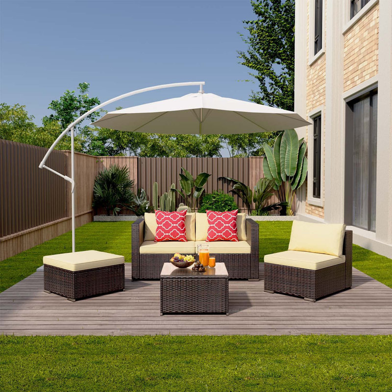 Lockney Modern 4-Person Outdoor Patio Set with Cushions, UV & Rust-Resistant Wicker Frame, Beige