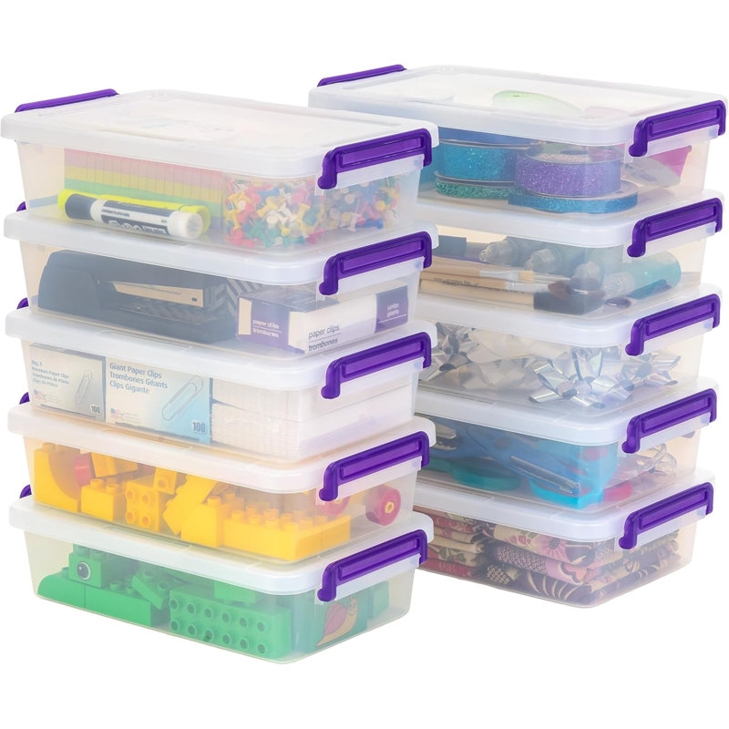 2,7 pte Petits bacs de rangement en plastique avec couvercles, paquet de 10, organisateurs de rangement pour fournitures d'art et d'artisanat, contenant de rangement plat pour fournitures de bureau, boîte de rangement empilable transparente, loquet de s?