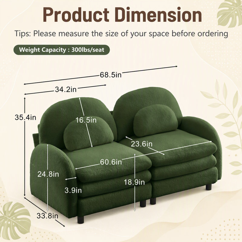 Canapé deux places deux places en tissu Teddy doux comme un nuage, avec dossier incurvé, coussins lombaires, soutien par coussin double couche et conception modulaire pour des espaces de vie polyvalents.