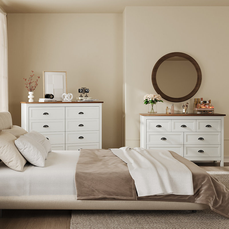 Commode pour chambre Frigo, commode moderne à 8 tiroirs, commode large avec poignées en métal, Brun / Blanc