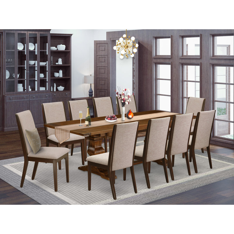 11 Piece Dining Table Set Includes a Rectangle Dining Room Table with Removable Leaf and 10 Light Tan Linen Fabric Parson Chairs, Antique Walnut