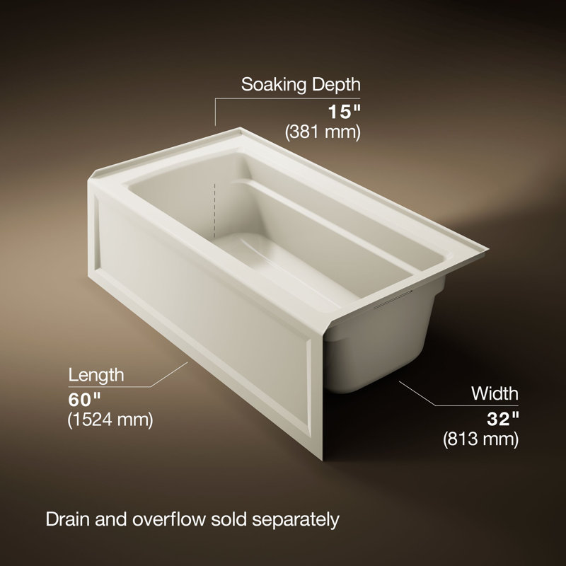 Archer 60" x 32" Alcove/Tile Soaking Bathtub, Biscuit, Right