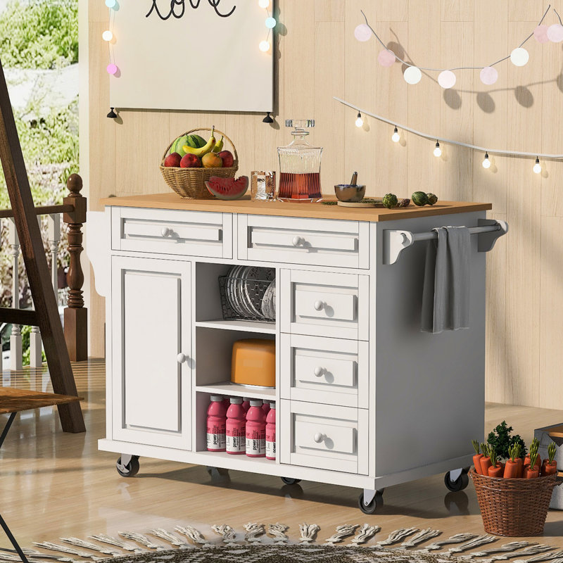 Îlot de cuisine blanc avec tablette mobile de 50 lb et 5 tiroirs - Revêtement de bureau en bois d'hévéa, Blanc