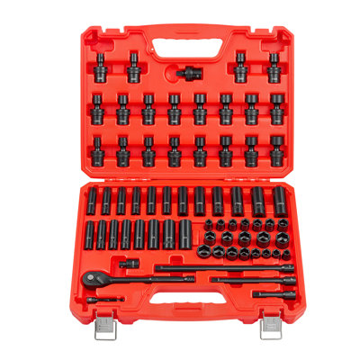 3/8 in Drive Impact Socket Set, 67 Piece, 6 Point Shallow & Deep Impact Sockets, SAE (5/16 in to 3/4 in) and Metric (8 mm to 19 mm), Swivel Sockets, Adapters, Cr-V & Cr-Mo Steel, Carrying Case