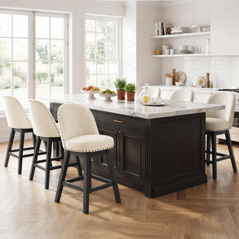 Swivel Yes Upholstered Bar Stool with Solid Wood Frame, Beige, 6
