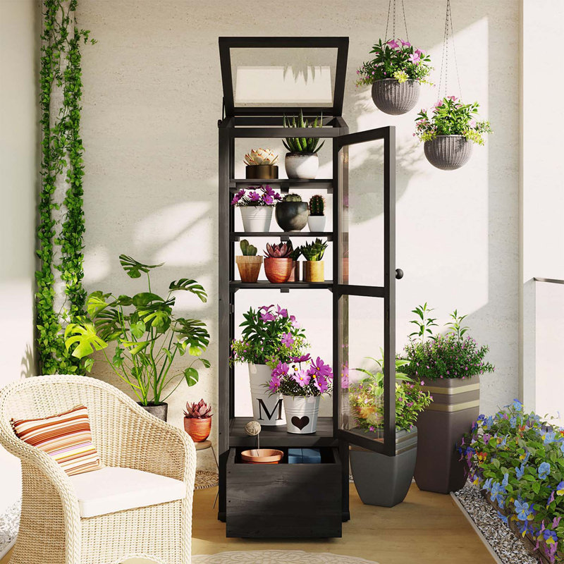 Portable Mini Wooden Greenhouse with Versatile Features for All Plants, Black