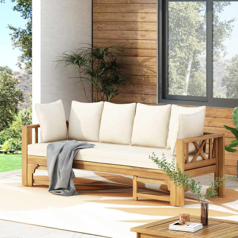 Canapé d'extérieur extensible 3 places en bois d'acacia, canapé rembourré, chaise longue, chaise longue spacieuse et canapé de patio