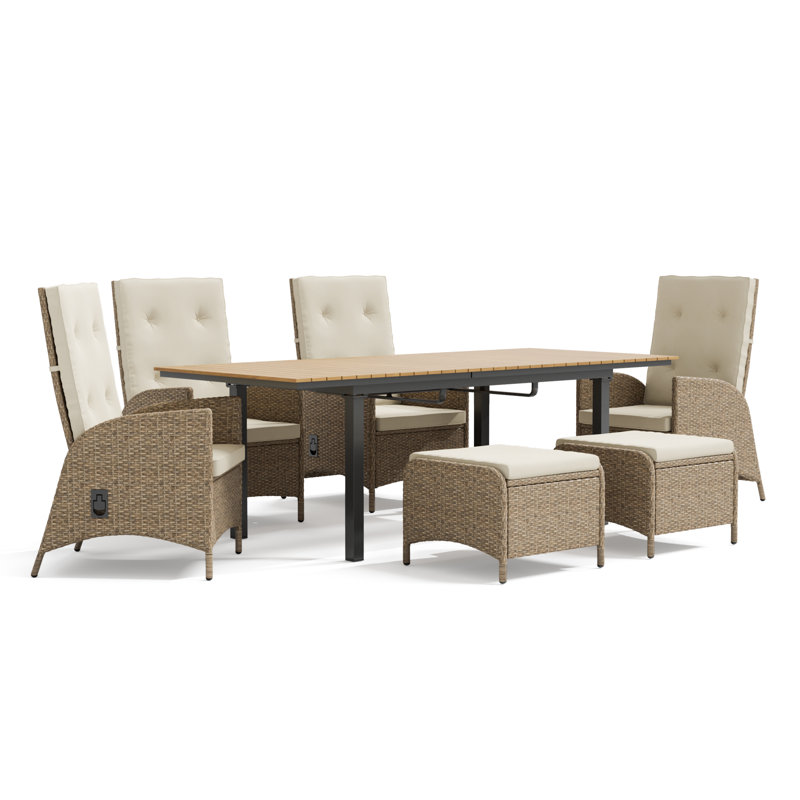 6 - Person Teak Wicker Patio Dining Set with Extendable Rectangular Table , Cushions Included