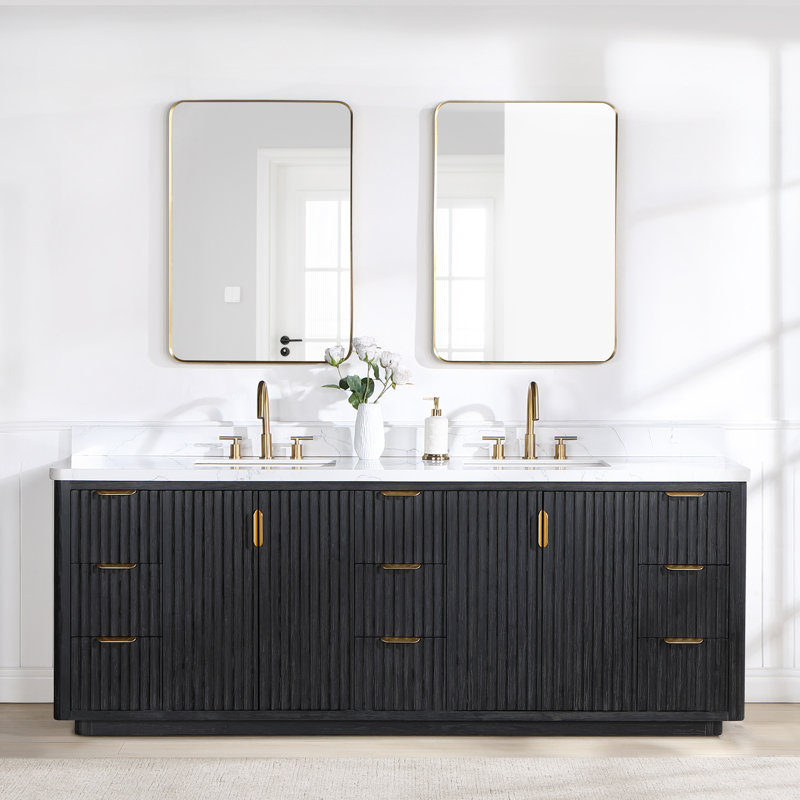 Adela 84'' Double Bathroom Vanity with Cultured Marble Top, Black, White, Gold