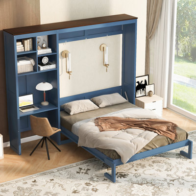 Queen Size Murphy Bed with Desk, Wall Sconces & Multi-Layer Storage Cabinet, Blue