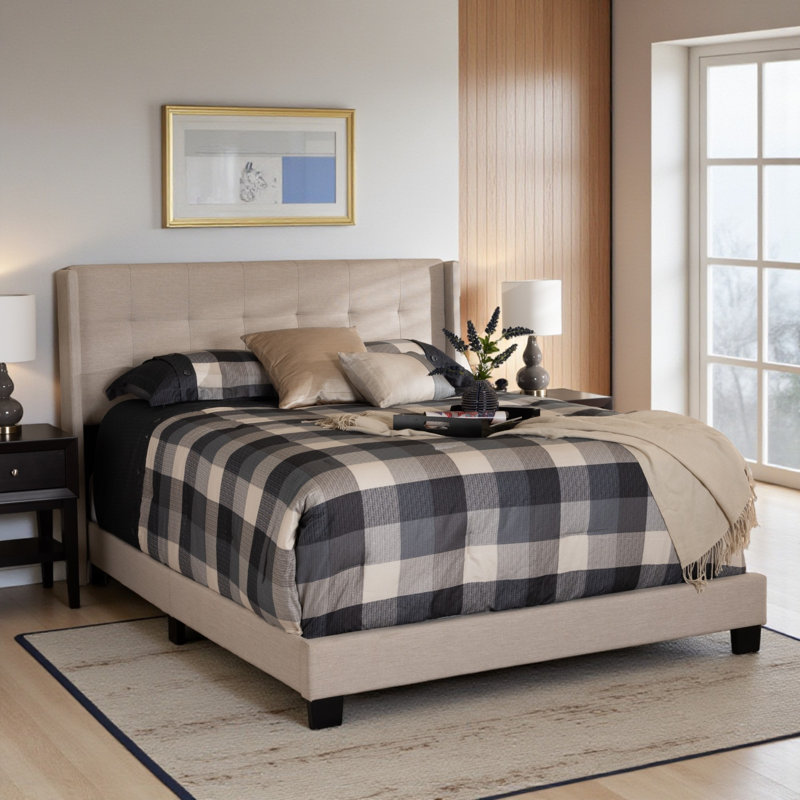 Cherron Polyester Upholstered Wingback, Full Bed, Beige, 47.64'' H X 61.05'' W X 78.45'' L, Beige, Full