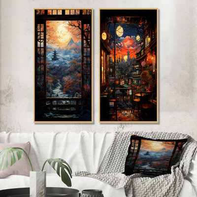 Vue sur la montagne du Japon, art de la fenêtre I - ensemble de 2 décorations murales japonaises