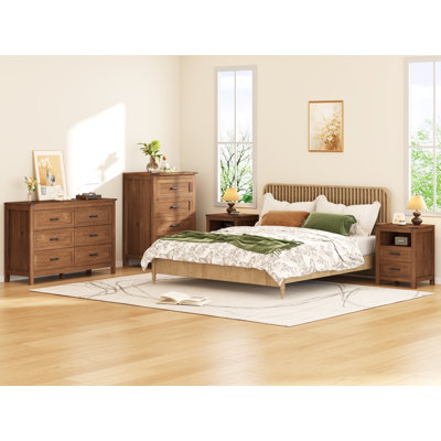 Farmhouse 4 Pieces Bedroom Set Include 6 Drawer Dresser, 4 Drawer Dresser And Nightstands Set Of 2, Rustic Brown