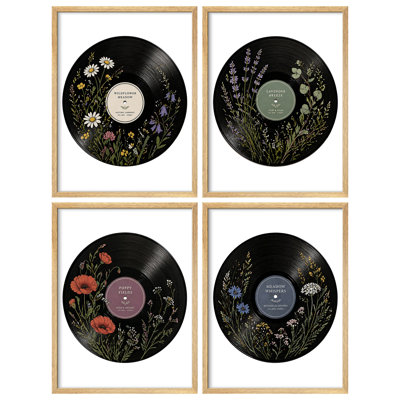 Ensemble de 4 reproductions d'art encadrées murales - Disque vinyle vintage botanique pour salon