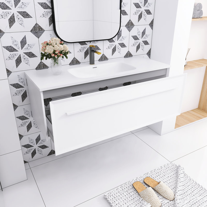48 in. White Plywood Wall-Mounted Single Sink Vanity with Solid Surface Top