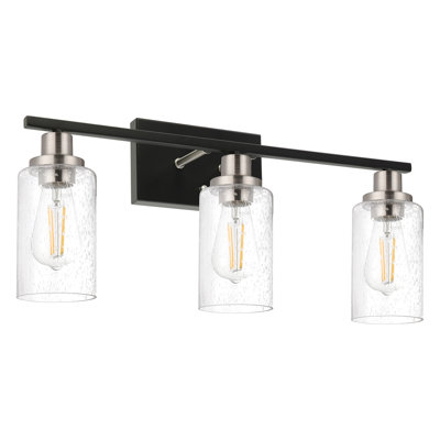 3 lumières de meuble-lavabo 3 lumières pour salle de bain 23,6 pouces, luminaire mural de salle de bain de style campagnard avec verre ensemencé, finition noire et nickel brossé