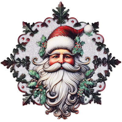 Vintage Santa Holly Wreath Metal Christmas Wall Art