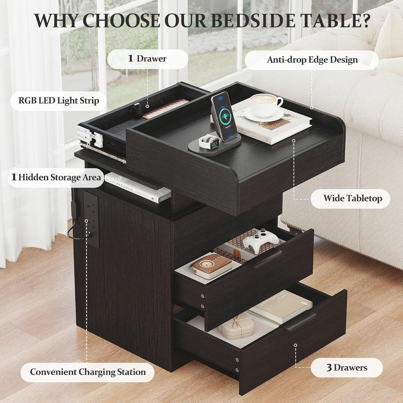 45 cm W Bedside Table, Black Right