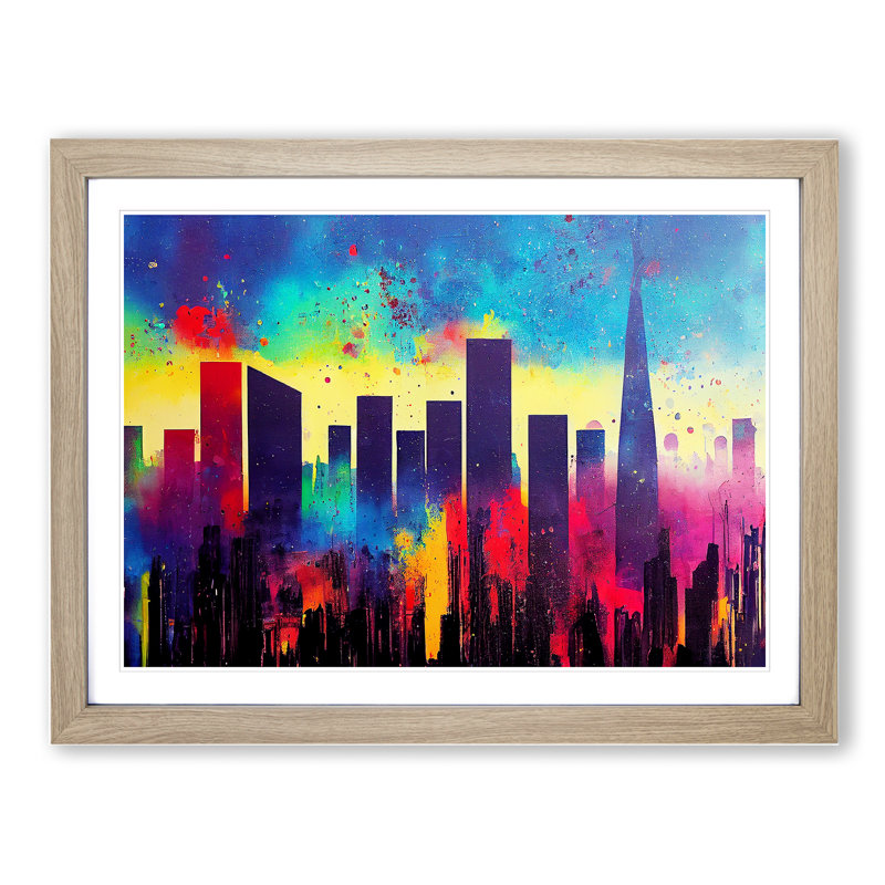 XH1022-9574X Vibrant London Skyline Vol.1 Abstract - Single Picture Frame Painting, 25cm H x 34cm W x 2cm D, Oak
