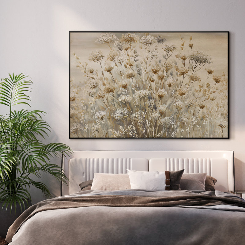 Extra Large Wall Art Fabric Print - Wildflower Meadow in Warm Neutral Tones Artwork Decor for Living Room or Bedroom - "Frame Assembly Required (Unfinished Frame)"