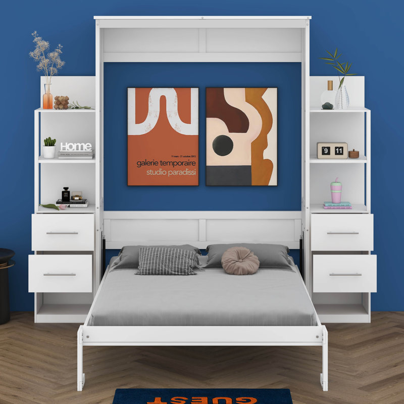 Full Murphy Bed Wall Bed With Shelves, White