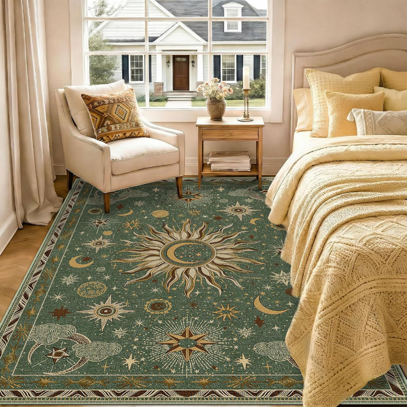 5X7 Area Rugs, Washable Vacuum-Friendly Non-Slip Rug Vintage Boho Sun And Moon Printed Pattern Low Pile Carpet For Living Room Bedroom Dining Room Hallway Entryway,Green Brown