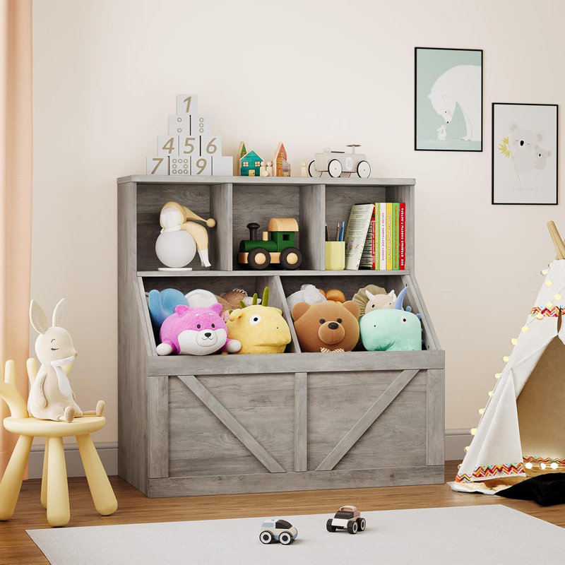 Organisateur de rangement pour jouets gris avec bibliothèque et armoire de rangement pour jouets