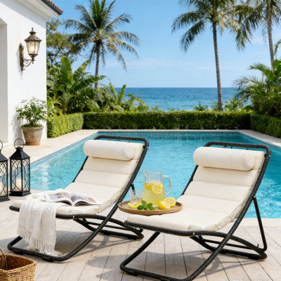 Outdoor Rattan Papasan Folding Lounge Chair With Adjustable Backrest And Cushion(Set Of 2)