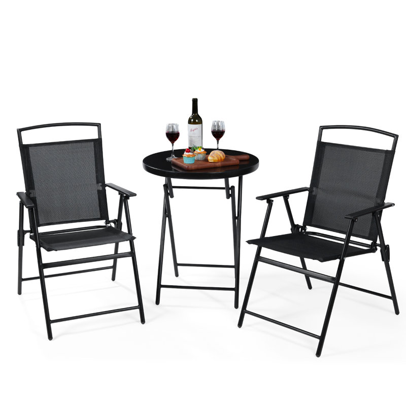  3-piece Folding Bistro Set – Outdoor Patio Furniture Set With 2 Mesh Chairs & Round Table