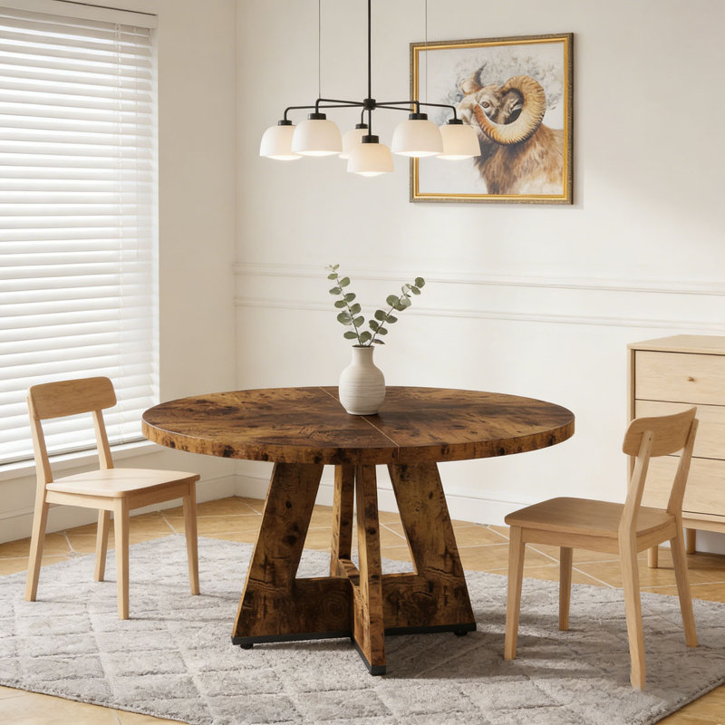 Wooden Round Farmhouse Kitchen Dinner Table for 4, Rustic Brown, Rustic Brown