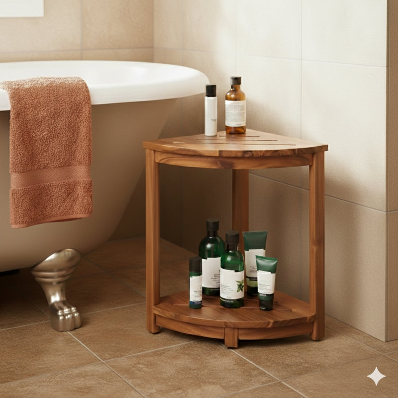 18" Solid Acacia Wood Corner Shower Bench & Corner Shower Stool With Storage Shelf - Footrest For Shaving Legs - Bath Step For Small Spaces - Perfect For Indoor Or Outdoor
