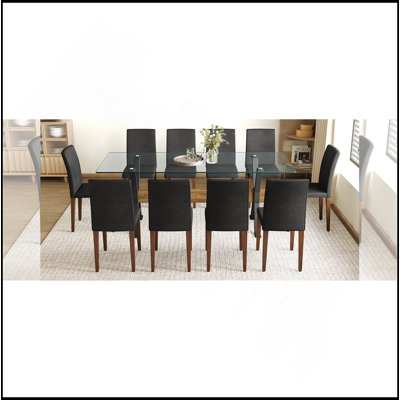 Ensemble de table et de chaises. Plateau de table en verre trempé de 79 po x 31,5 po avec pieds en métal noir en forme de X, traverse en bois aggloméré texturé en bois aggloméré. Combiné avec 10 chaises de salle à manger en polyuréthane noir, simple et polyvalente.