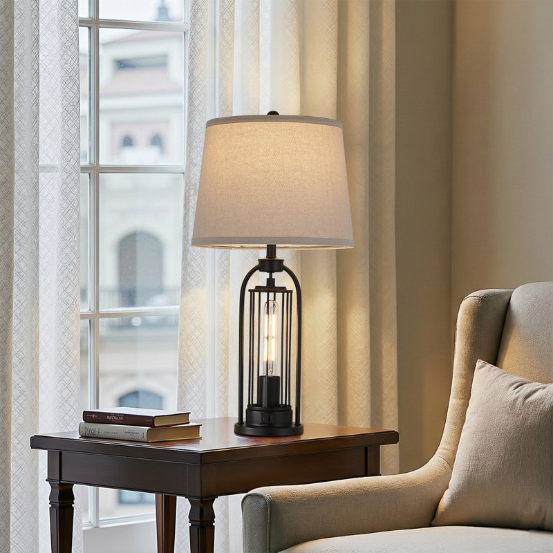 Lampe de table de style campagnard de 26 po de hauteur, deux lumières (interrupteur rotatif 9 W + lumière de nuit à commande tactile à 3 voies), charge USB (2 ampoules DEL incluses)