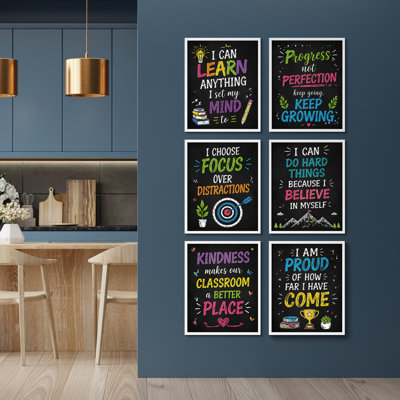Inspirational Classroom Motivational Quotes Framed Wall Art Prints Set of 6 - Inspirational Posters for Classroom or Study Room