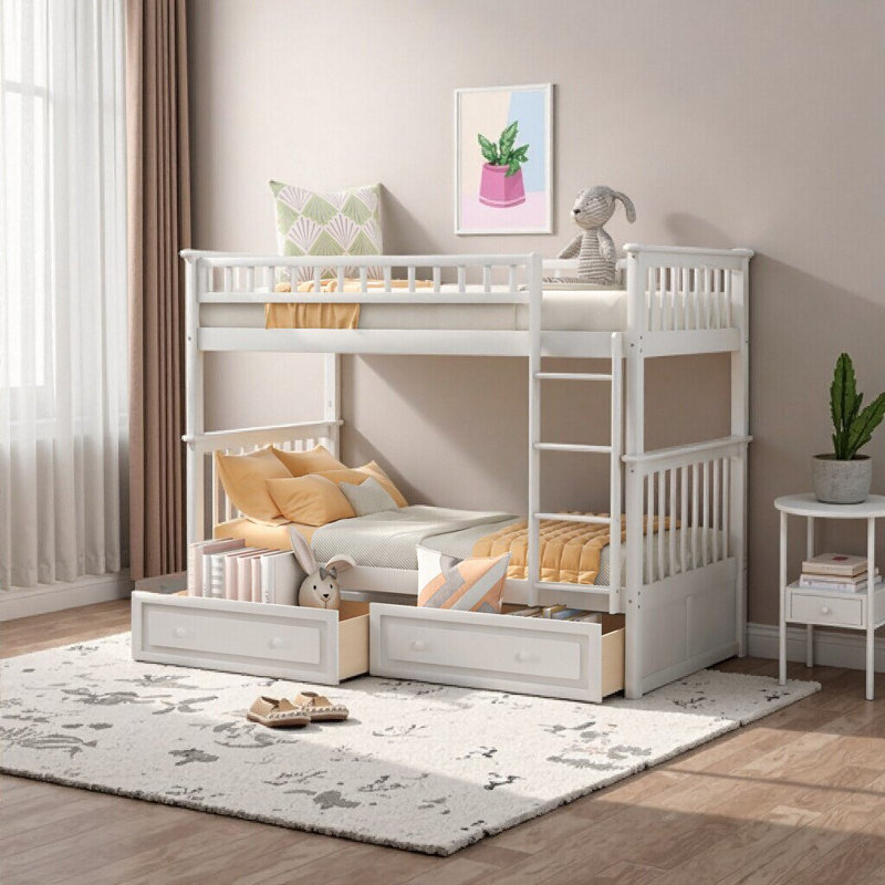 Lit superposé simple en pin blanc avec tiroirs et conception convertible - Une solution peu encombrante pour les familles en pleine croissance