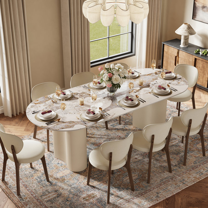 Table de salle à manger ovale moderne 71 "pour 6 personnes Jamani, plateau en pierre frittée blanc brillant, pieds en bois massif