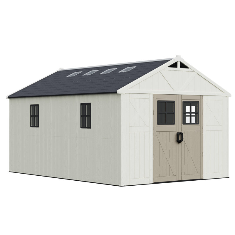 10 Ft. W X 14 Ft. D Plastic Storage Shed With Floor, Resin Shed With Reinforced Steel Structure, Beige