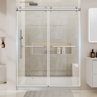 56-60" W X 72 "h Semi-frameless Double Sliding Shower Door With 1/4"（6mm) Clear Tempered Glass,Featuring Protective Safety Film Nickel