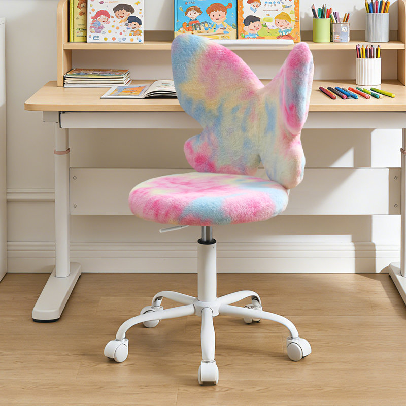 Fluffy Butterfly Desk Chair - Comfy Swivel Kids Desk Chair Adjuatable Height Child Vanity Chair Swivel Study Task Chair for Room, Kids,Pink