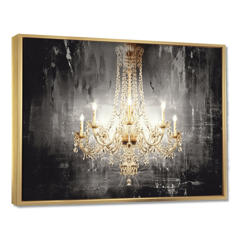 Lustre doré brillant à travers les ténèbres I - reproduction d'art murale lustre Glam, Toile avec cadre flottant or