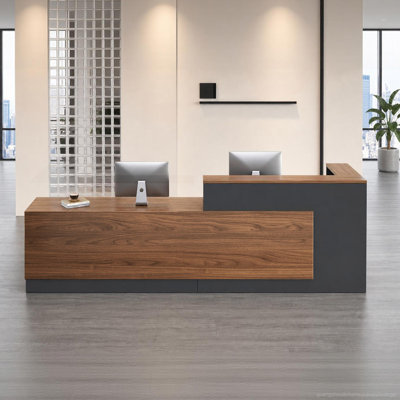 Bureau de réception moderne en L avec rangement et plateau à clavier - Finition bois et gris pour le bureau, l'hôtel, le hall d'entrée