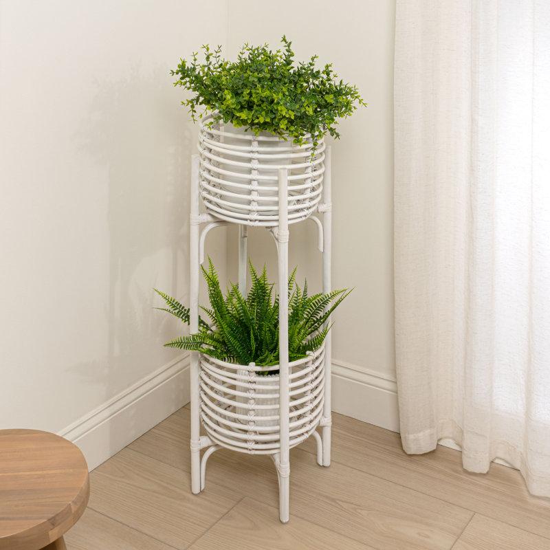 Support à fleurs d'intérieur en rotin à deux niveaux 33,5 po Zachariah, Blanc
