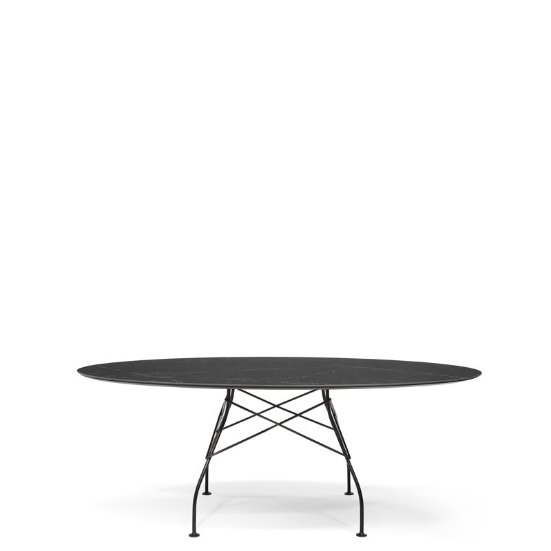 Glossy Oval Dining Table, Matt Black Painteed Steel, Black