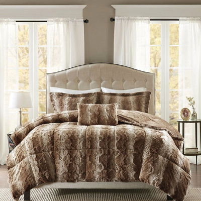 Faux Fur Comforter Full/Queen - Ultra Bedding 4Pc With Comforter, 2 Shams, Decorative Pillow Brown Collection , Machine Washable Comprises