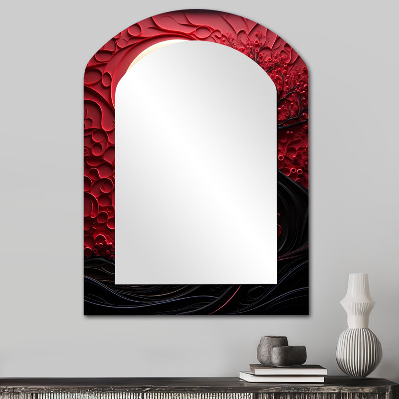 Red Moon Ruby Radiance - miroir mural décoratif asymétrique lune, miroir arqué rouge, impression sur métal, 34 po x 25 po